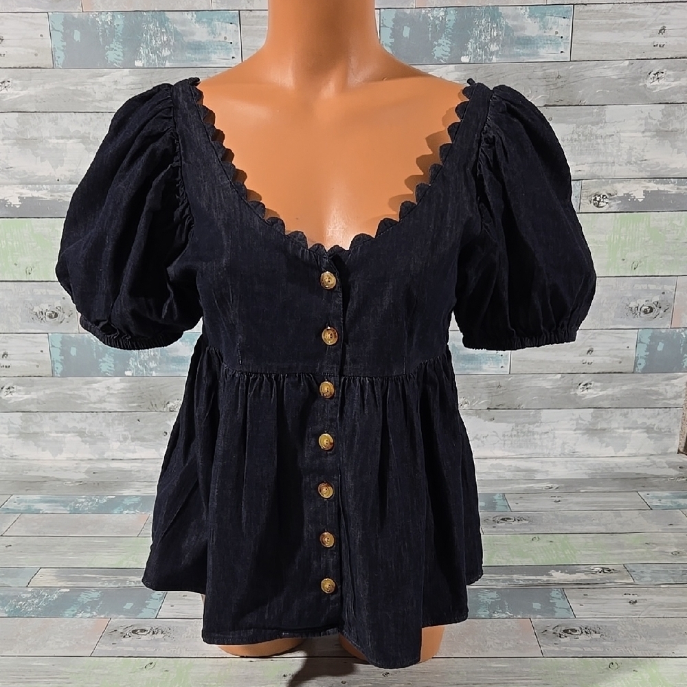 Kika Vargas Dark Denim Look Button Up Shirt/Top/Blouse Sz X-Small